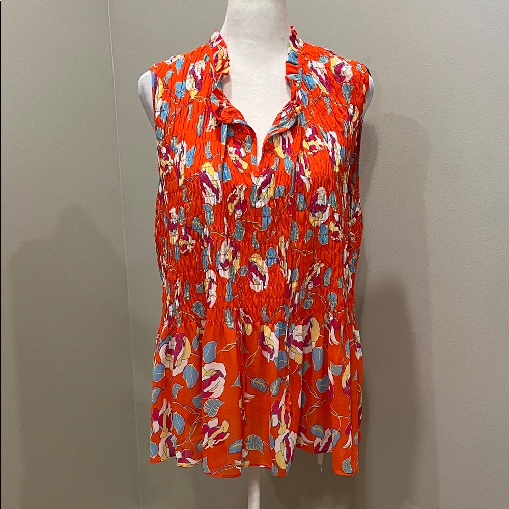Rose + Olive Floral Sleeveless V-neck Smocked Blouse